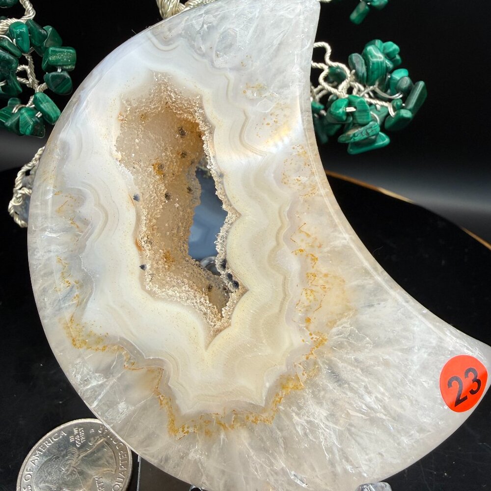 White Agate Druzy Moon Carving Portal With Yellow Mineral Inclusions Quartz: 3.8
